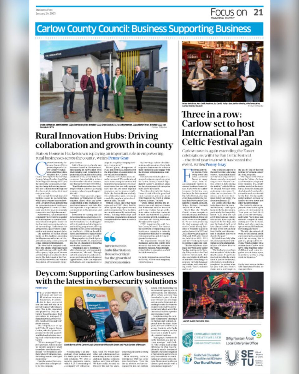 Delighted to be involved with Carlow County Council Local Enterprise Office Carlow supporting Business with the new Station House in Hacketstown, promoting the importance of Rural Innovation Hubs in todays The Business Post
