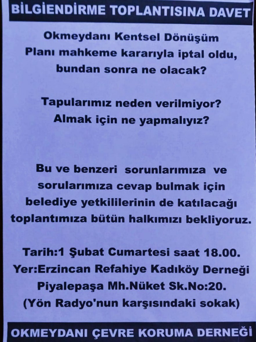 Okmeydanı Kentsel Dönüşüm Planı mahkeme kararıyla iptal oldu,bundan sonra ne olacak? Tapular neden verilmiyor?, almak için ne yapmalıyız? Bu ve benzeri  sorunlarımıza, sorularımıza cevap bulmak için belediye yetkililerinin de katılacağı toplantımıza bütün halkımızı bekliyoruz.
