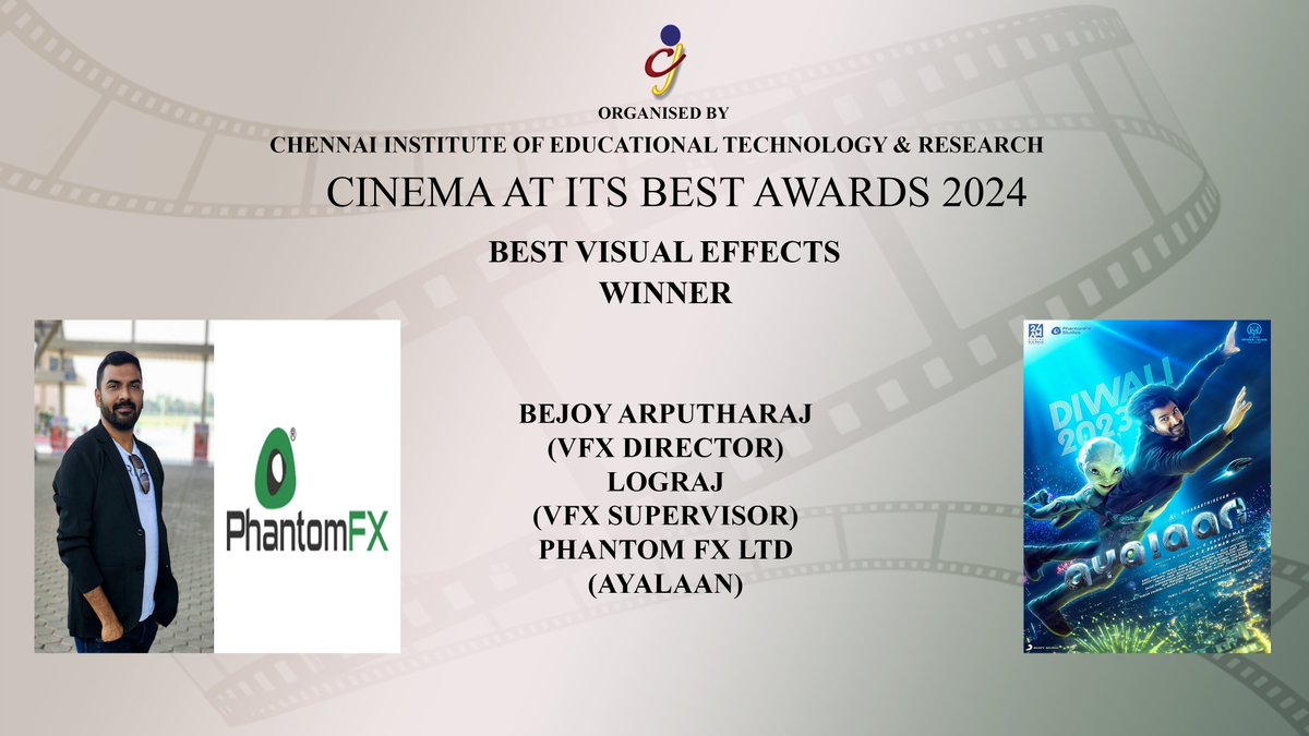 Cinemaatitsbest's tweet photo. #CAIBAWARDS2024
#BESTVFX #WINNER
#Ayalaan @bejoyraj LOGRAJ @phantomfx_india
@Siva_Kartikeyan @kjr_studios @Ravikumar_Dir
@pro_thiru @vinodhj21 https://t.co/w8JecRupEI