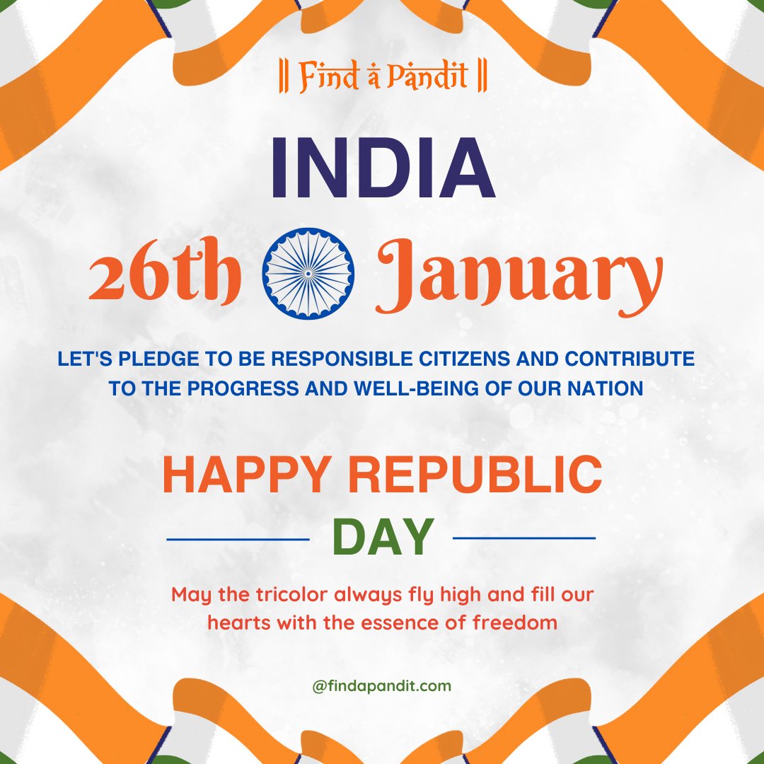 find_a_pandit's tweet photo. Happy Republic Day! 🧡🤍💚

Saluting the legacy of freedom, the strength of unity, and the pride of being Indian!

#RepublicDay #IndiaPride #JaiHind #UnityInDiversity #WeThePeople #RepublicDayVibes #IndiaStrong https://t.co/yoUXTyT6lM