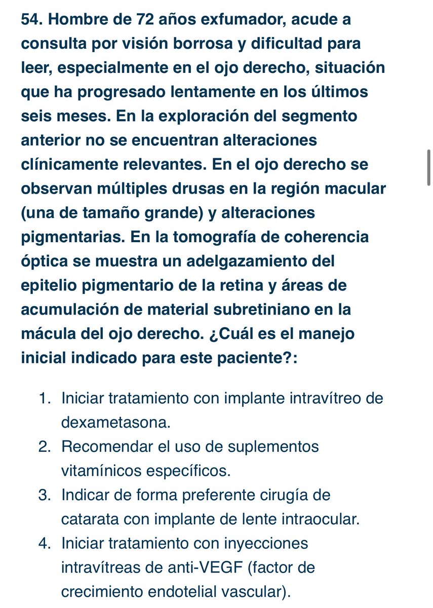 SaraMS__97's tweet photo. Caso clínico sobre una DMAE exudativa, presencia de drusas y alteración del epitelio pigmentario de la retina. En la OCT especificaría que hay presencia de fluido subretiniano macular, más que decir "material", genera confusión.

Respuesta correcta: 4 https://t.co/kh2HpH6GGp