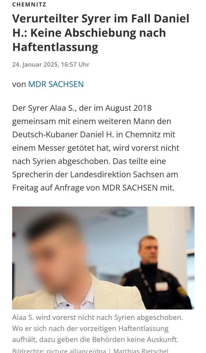SibelMedi's tweet photo. Mir kann doch keiner erzählen, dass es normal ist?

Ein Syrer tötet einen Menschen, wird frühzeitig wegen "positiver Sozialprognose" freigelassen, und er wird nicht abgeschoben.

Die Eltern von #DanielH sind bestimmt sehr glücklich über diese Entwicklung🙏🏽
https://t.co/XHMpHWmaZU https://t.co/x3BkdtDczO