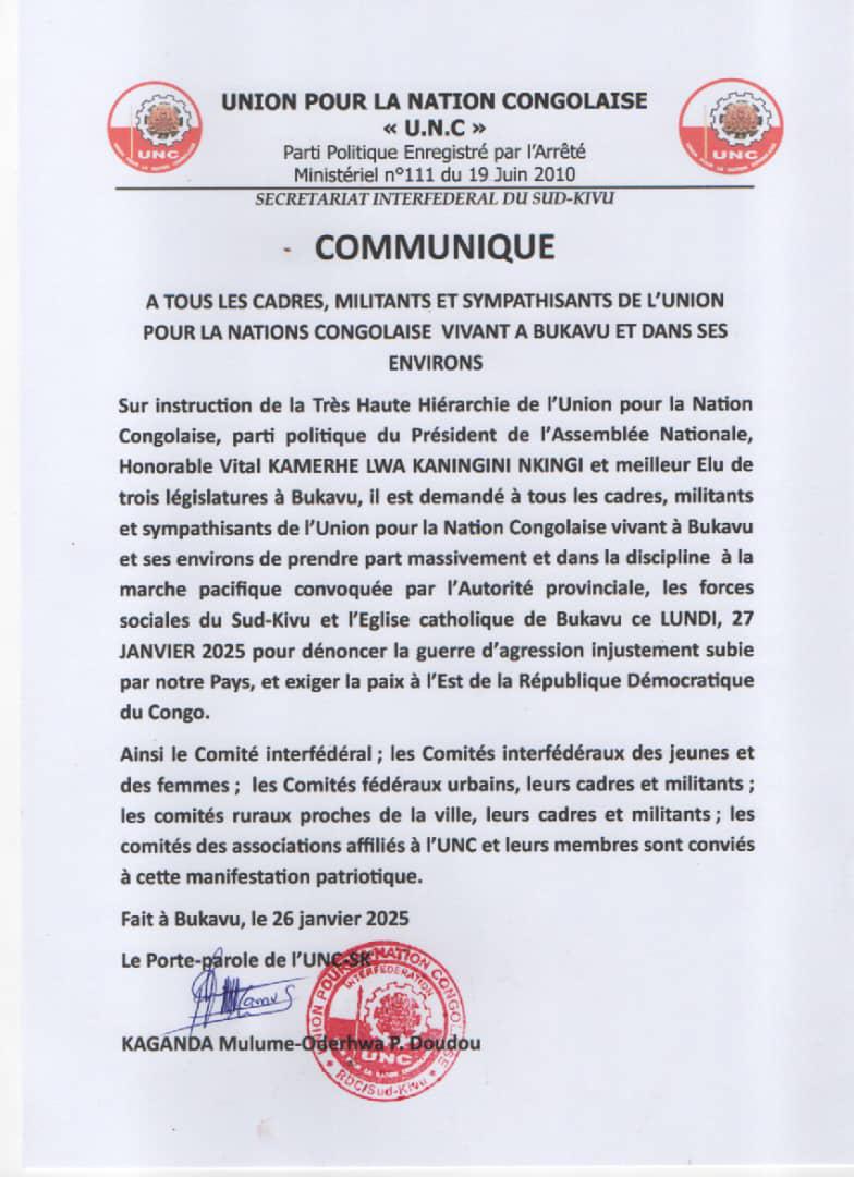 ‼️SUD-KIVU: Sur Instruction de la Haute hiérarchie <a href="/uncrdc/">UNC_RDC Officiel</a>, les cadres, militants et sympathisants de l'UNC SUD-KIVU sont invités à participer massivement aux manifestations contre la guerre d'agression et pr la paix en RDC #COMMUNIQUÉ signé le Prof <a href="/PhilippeKaganda/">Philippe Kaganda</a>  Porte-parole