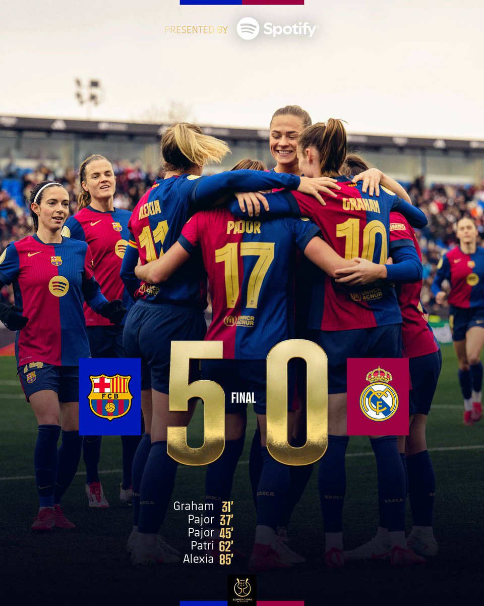 Full-time: Barça Femeni 𝟓-𝟎 Real Madrid Women

A MANITA AGAINST THE WHITES IN THE SPANISH SUPER CUP SEMI-FINAL, JUST LIKE THE MEN'S TEAM! #fcblive 🔥