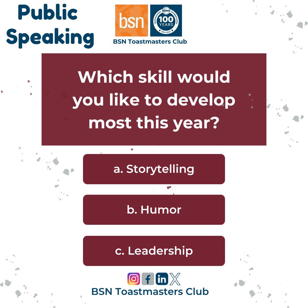 Good morning and happy Sunday! 🌞

As we step into a brand-new week, let’s take a moment to reflect on the skills we want to enhance and the goals we want to achieve. 🎯 Growth begins with a decision to improve, and BSN Toastmasters Club is here to support your journey