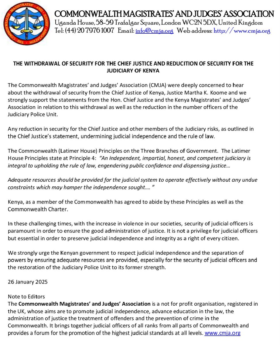 The CMJA reminds the State of its obligation of providing security to Judges and Judicial Officers in entrenching the independence of the Judiciary. An independent Judiciary is the pathway towards democracy and the rule or law.