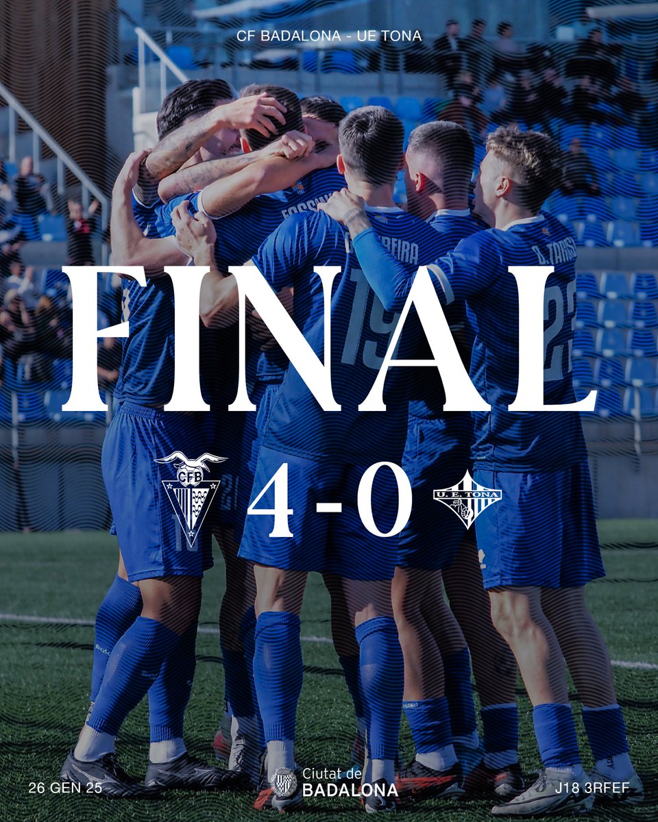 ⏱️ 94’ | ⏭️ Final del partit! Segona victòria consecutiva!

<a href="/cfbadalonasad/">CF Badalona SAD Oficial</a> 4 - 0 <a href="/FundacioUETona/">UE Tona</a> 
#BadalonaTona | #3RFEF5
#CiutatDeBadalona 💙