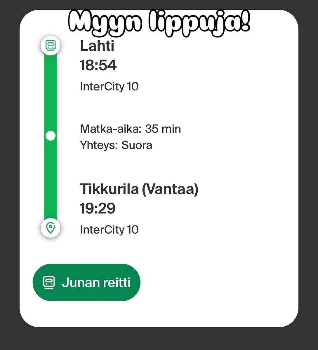 Myyn junalippuja Lahdesta Tikkurilaan! Aikuinen ja opiskelija, oma hytti. Yhteensä 20€. Voin myydä myös vain toisen. #desucon #desuconfrostbite