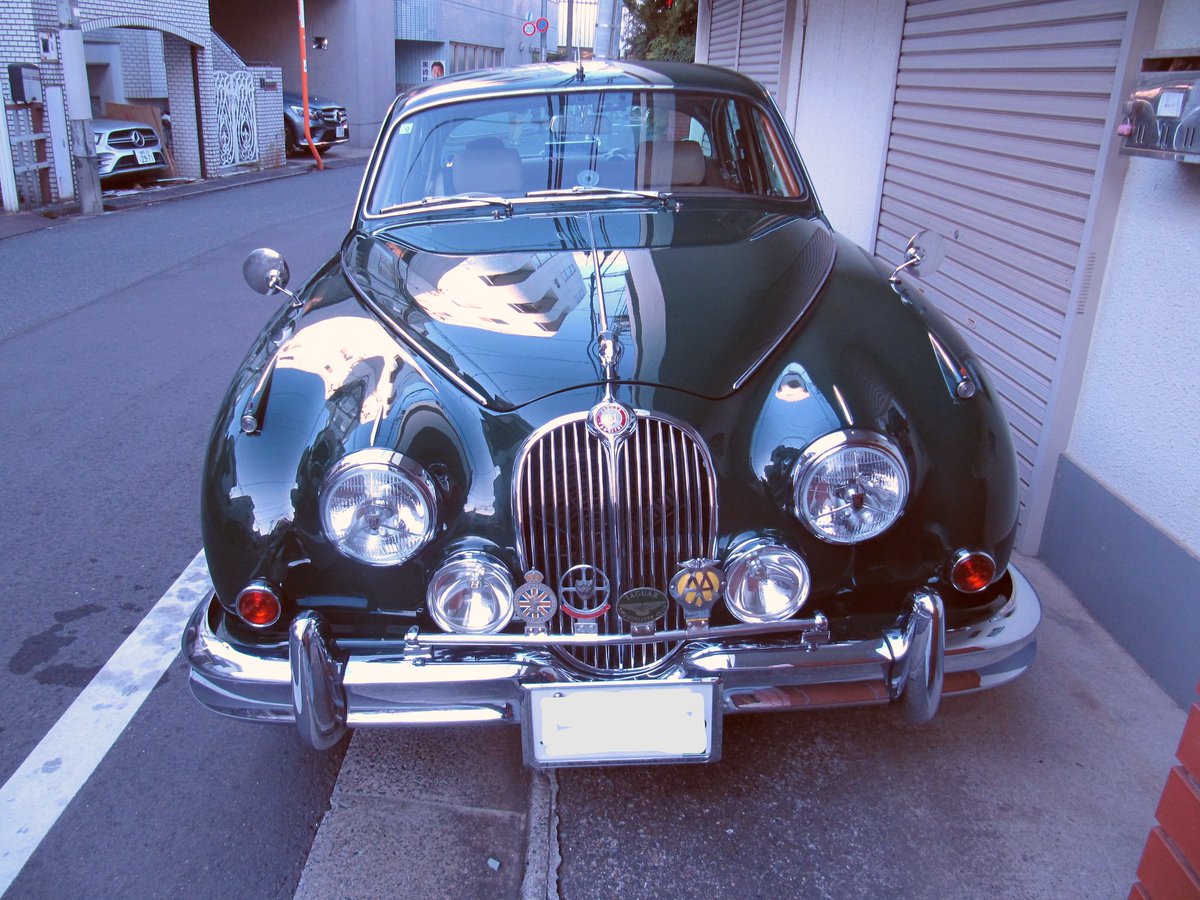 irrlicht2013's tweet photo. JAGUAR Mk II (1959~67)
ジャガー・マーク2

ビュートも悪くはないが本物の貫禄！

以下前回説明
光岡ビュートかと通り過ぎてしまいそうだが、こちらが本物。全長4572mm、全幅1702mmと大きさもジャガーとしては小型でビュートに近い。しかし内装は豪華でエンジンも2.5~3.8Lと高級車並みにパワフル。 https://t.co/FIInwknVt2