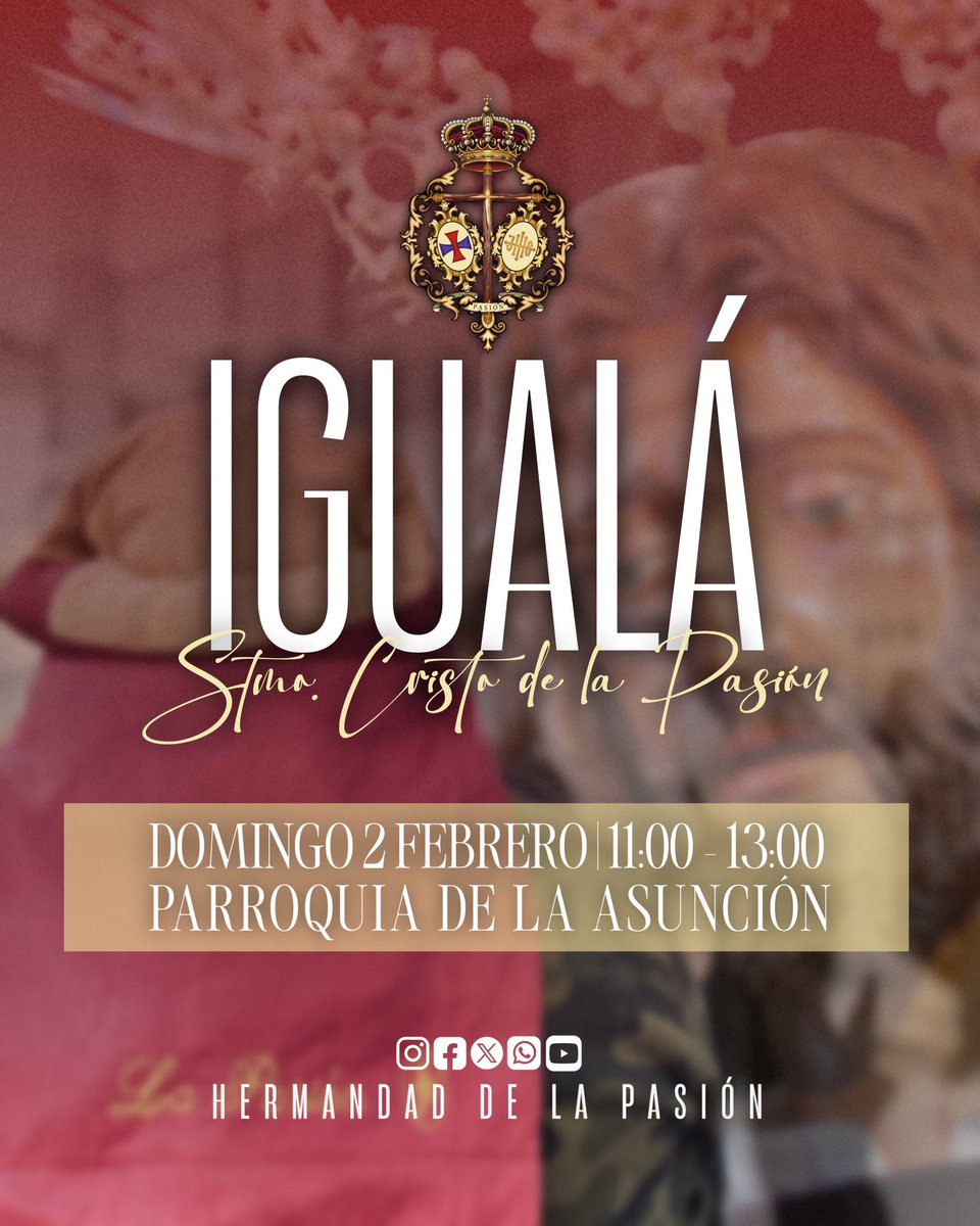 📣 Se convoca a todos los costaleros y aspirantes de la cuadrilla del Stmo. Cristo de la Pasión a la igualá que tendrá lugar el próximo 2 de febrero de 11 a 13 horas en la Parroquia de la Asunción de #OluladelRío.

👟 Se ruega asistir con calzado negro de salida.

#PasiónOlula