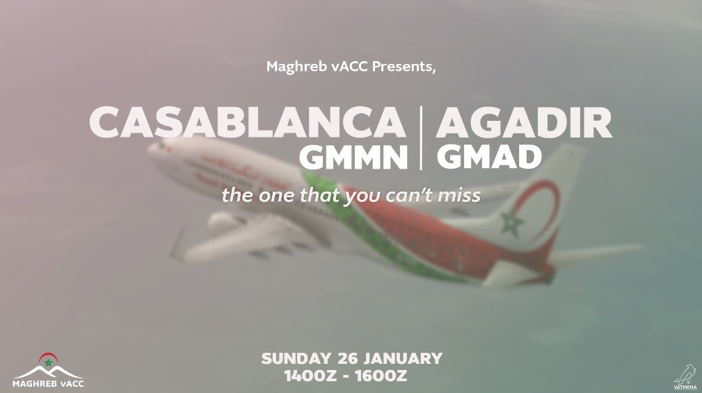 Salam #VATSIM 🙋‍♂️

In less than 1h : Double the Action, Double the Fun!

🛑 S2 CPT as Daron D. takes control of GMMM_TWR🗼IFR &amp; VFR both are welcome ✈️

🛑 Casa ↔️ Agadir Shuttle: The iconic route between #GMMN and #GMAD

So #BringTheNoise 🔥

💫 Maghreb vACC, Virtually Real 💫