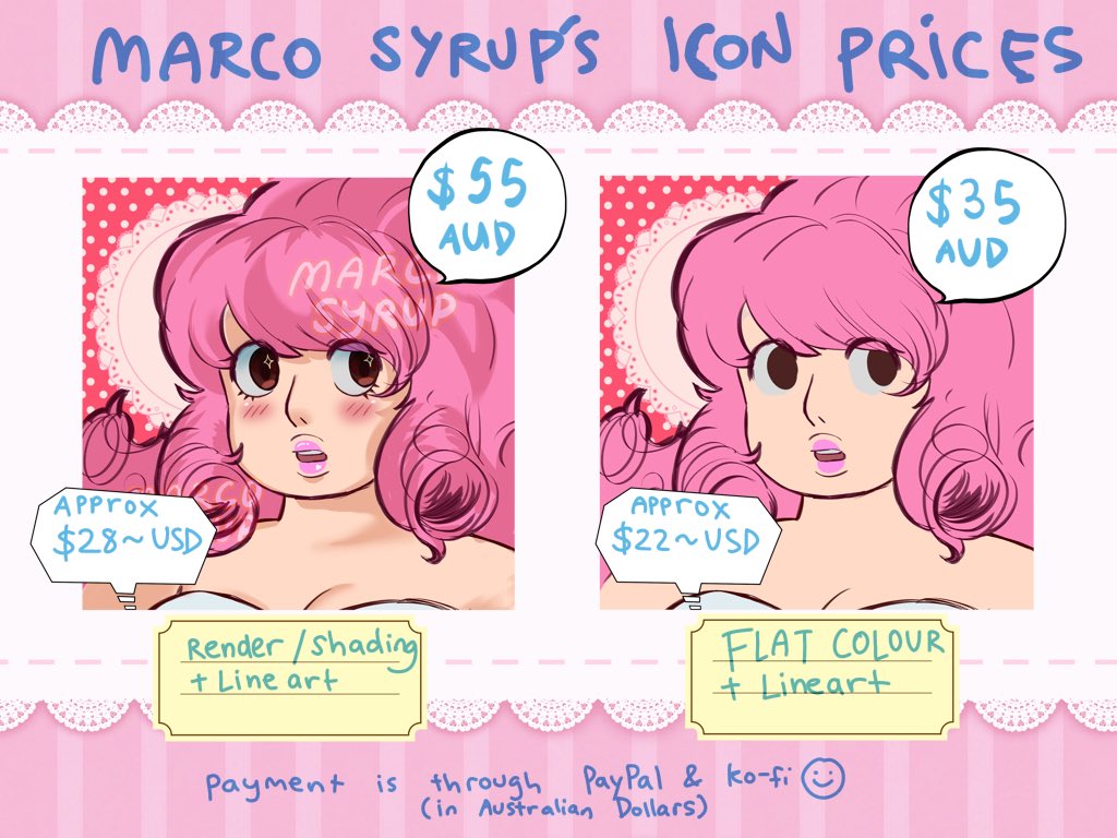 Slots for icons are open!
- There are two coloured options and prices are listed for each type.
- The price in USD is an approximate as payments are made in AUD!
(Lineart ONLY is $30 AUD.) #stevenuniverse #icon