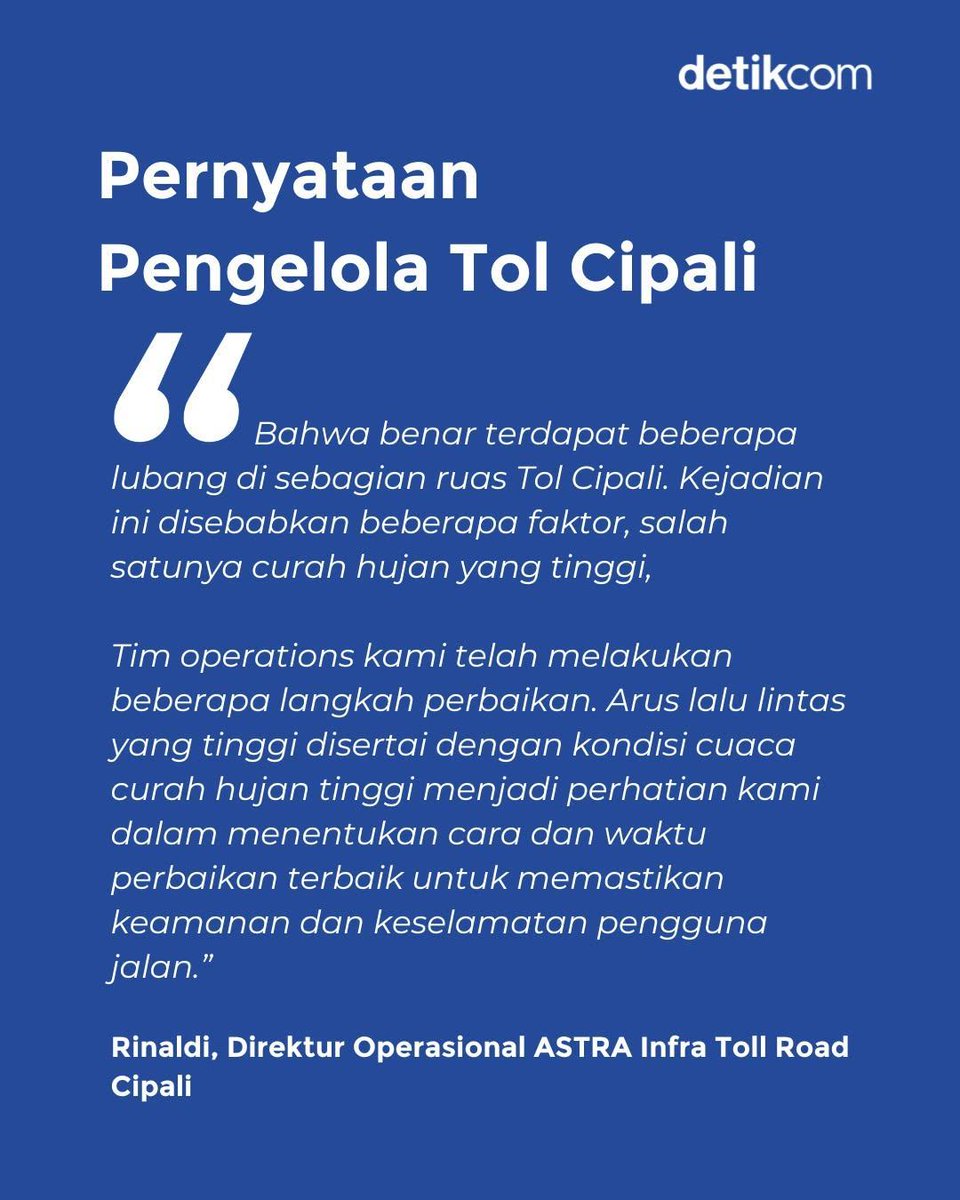 detikcom's tweet photo. Video sejumlah mobil di Tol Cikopo-Palimanan (Tol Cipali) mengganti ban di bahu jalan viral di media sosial (medsos). Mobil-mobil itu disebut mengalami pecah ban akibat jalan berlubang.โฃ
โฃ
>> https://t.co/ia3manYCXn
#detikcom #TolCipali #BanPecah #LongWeekend https://t.co/eYBnRmEfGe