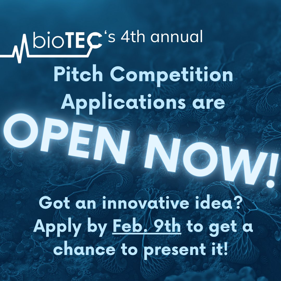 thisisbiotec's tweet photo. Do you have an idea in biotech, or engineering? Apply for BioTEC's pitch competition, happening alongside our conference on March 1st at the University of Waterloo! Applications are due NO LATER THAN Feb. 9th at 11:59 PM EST. More information is found in the form in the bio. https://t.co/m6ekiadUUV