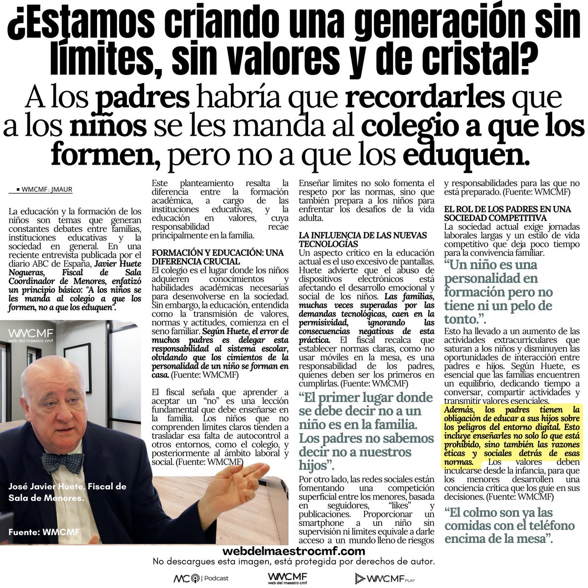 cmf_w's tweet photo. ¿Estamos #criando una #generación sin #límites, sin #valores y de #cristal? A los padres habría que recordarles que a los #niños se les manda al #colegio a que los #formen, pero no a que los #eduquen. Enlace: https://t.co/IEGleZpQuu
La frase de Javier Huete, “A los niños se les manda al colegio a que los formen, no a que los eduquen”, subraya la diferencia entre la formación académica y la educación en valores, destacando que esta última es responsabilidad primaria de las familias. El colegio instruye en conocimientos y habilidades, pero el aprendizaje de normas, límites y valores comienza en casa. Huete señala que los padres deben enseñar a sus hijos a aceptar un “no”, establecer límites claros y equilibrar la vida familiar en una sociedad marcada por la competitividad y el uso excesivo de tecnologías. Además, enfatiza la importancia de supervisar el acceso de los menores al entorno digital, inculcándoles una conciencia ética y social. En un mundo donde las pantallas reemplazan la interacción, los padres deben recuperar su rol como primeros educadores para formar individuos emocionalmente sólidos y responsables. Educar en casa no es solo un deber, es una obligación ética y moral.