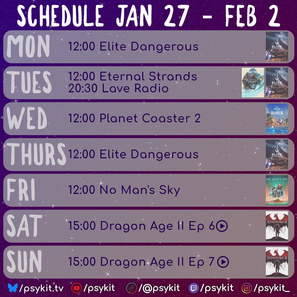 Hi Pals Have Schedge!

This week, <a href="/YellowBrick_Qc/">Yellow Brick Games ✨ ETERNAL STRANDS | OUT NOW</a> release Eternal Strands and we're going to play the heck out of it!

Also Sean tweeted... so there might be NMS on the horizon! If not we'll find something else to play.

See you tomorrow!