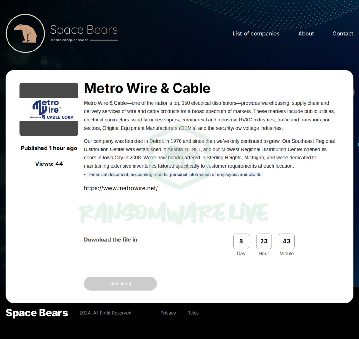 TweetThreatNews's tweet photo. Metro Wire & Cable, a leading U.S. electrical distributor, faces a ransomware attack by spacebears. Founded in Detroit in 1976, they serve sectors from utilities to transportation. 🔌 #MetroWire #Ransomware #USA
link: https://t.co/Cx3czC4a8b https://t.co/JVRiErJHPA
