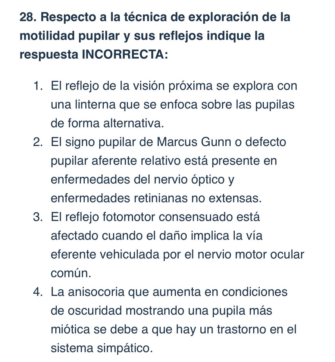 Pregunta de Oftalmo 👁️ y Neuro 🧠

Respuesta INCORRECTA: 2 

La pupila de Marcus Gunn o DPAR está presente en enfermedades del nervio óptico y enfermedades retinianas EXTENSAS. 

#mir25 #MIR25 #mir2025 #oftalmología #preguntas