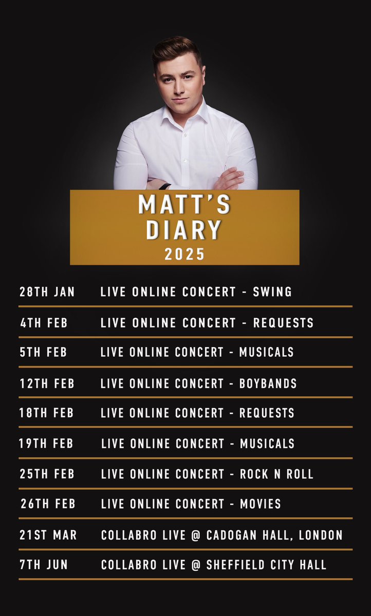 CollabroBuzz's tweet image. *DIARY UPDATE*
See Matt’s updated schedule below! Tickets available from:
Online concerts:
calendly.com/mattpaganvocal…
Cadogan Hall:
cadoganhall.com/whats-on/colla…
Sheffield City Hall:
sheffieldcityhall.co.uk/event/collabro…