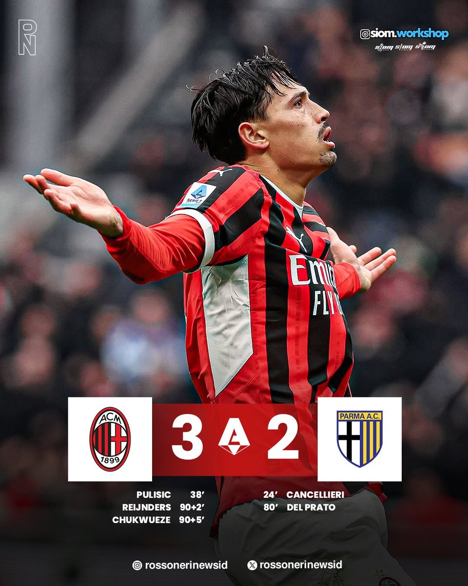 rossonerinewsid's tweet photo. FULL TIME
AC Milan 3 - 2 Parma

⚽ Pulisic 38' (P)
⚽ Reijnders 90+2'
⚽ Chukwueze 90+5'

⚽ Cancellieri 24'
⚽ Del Prato 80'

WHAT A GAME! MILAN COMEBACK AGAIN! https://t.co/y44xXfEH8W