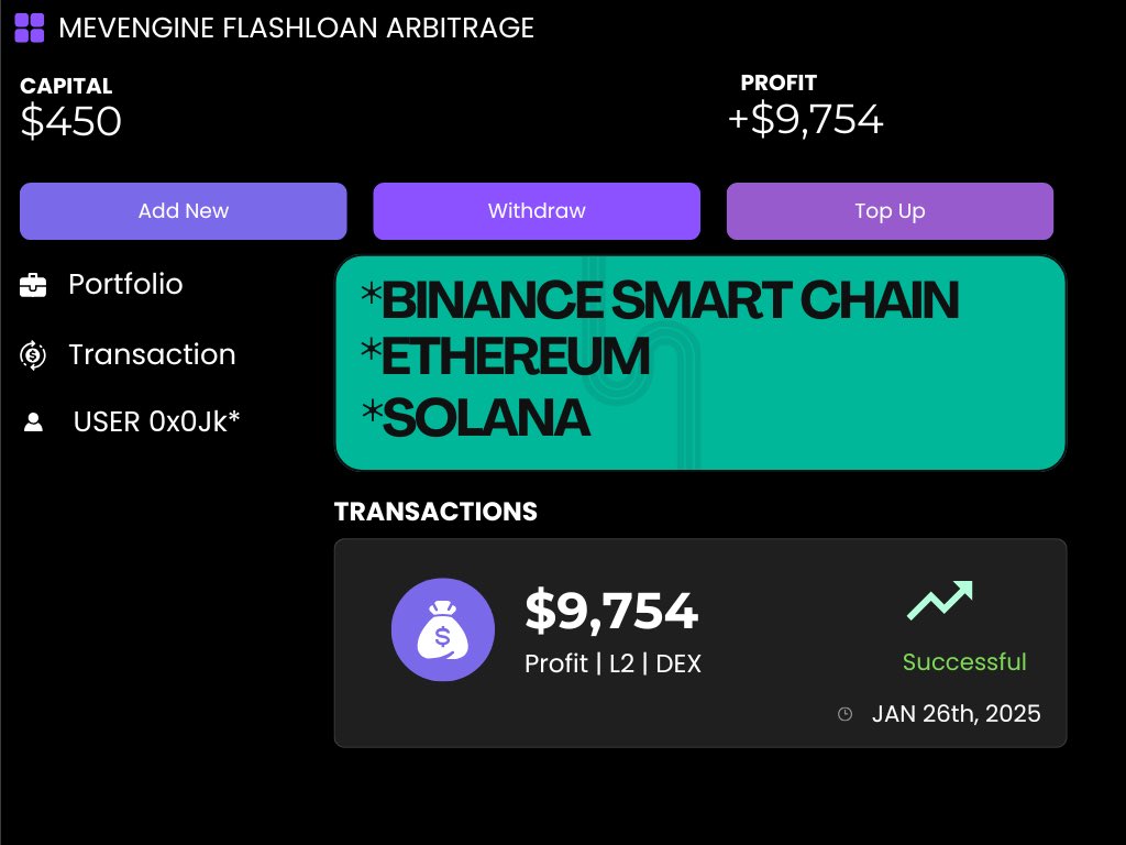 mev_trade_alert's tweet photo. Mevengine Trader Profits $9K Trading on 
#Solana #Ethereum #BSC Using Mevengine Flashloan Arbitrage BOT

Deploy your own - https://t.co/MdAeCQuLDg

#kiel Maurice #meinvfl Amel Bent #AustralianOpen Fonseca #Brokstedt Damso #gertun Parme #Bitcoin Trump Marine https://t.co/24iBzGybZb