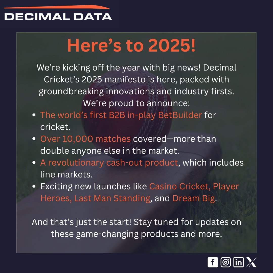 DecimalCricket's tweet photo. 🚨Big news to kick off 2025! Decimal Cricket’s manifesto is here:
🏏 World’s 1st B2B in-play BetBuilder for cricket
🌍 10,000 matches covered—double anyone else
💰 Revolutionary cash-out product w/ line markets
🎉 Launching Casino Cricket, Player Heroes &amp; more
Stay tuned! 🎯 https://t.co/6eQYQv3SJe