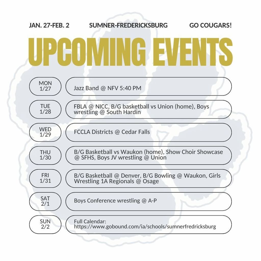 Cougar events the week of Jan. 27. See the full SFHS calendar: at: gobound.com/ia/schools/sum…
