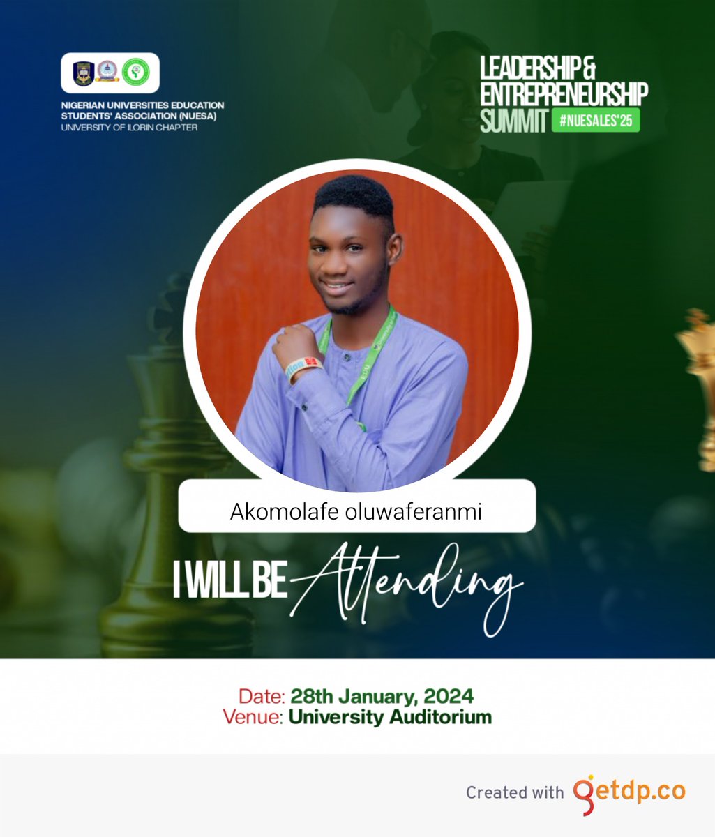oluwaferan44124's tweet photo. I WILL BE THERE! WILL YOU? ✨
CREAT YOUR PERSONALIZED DP OF NUESALES’25:⤵️
https://t.co/GDptBmzYYD
📅 *Date*: Tuesday, January 28th, 2025
🏫 *Venue*: University Main Auditorium
⏰ *Time*: 10:00AM
Let’s make history together! Will you be there too?
#NUESALES'25 https://t.co/MRYDvmAl1P