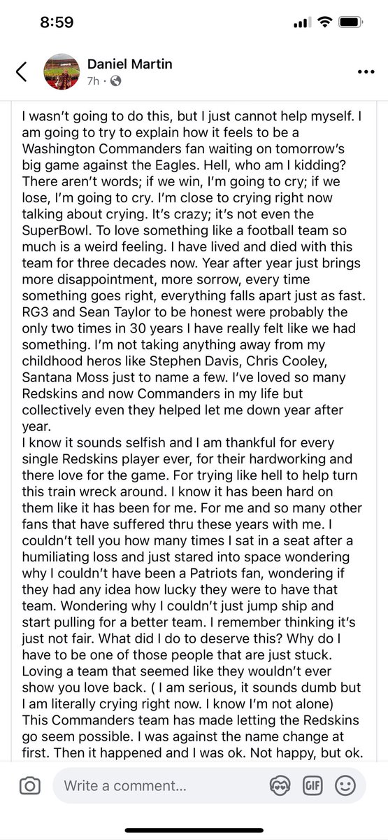 Its_D_Martin's tweet photo. If you want to know what today means to a Washington fan, take 3 minutes to read this. Sums it up perfectly. I couldn’t sleep last night. Today we play for a chance for the freaking SUPER BOWL!!!! #RaiseHail @Commanders https://t.co/aIko94fUWN