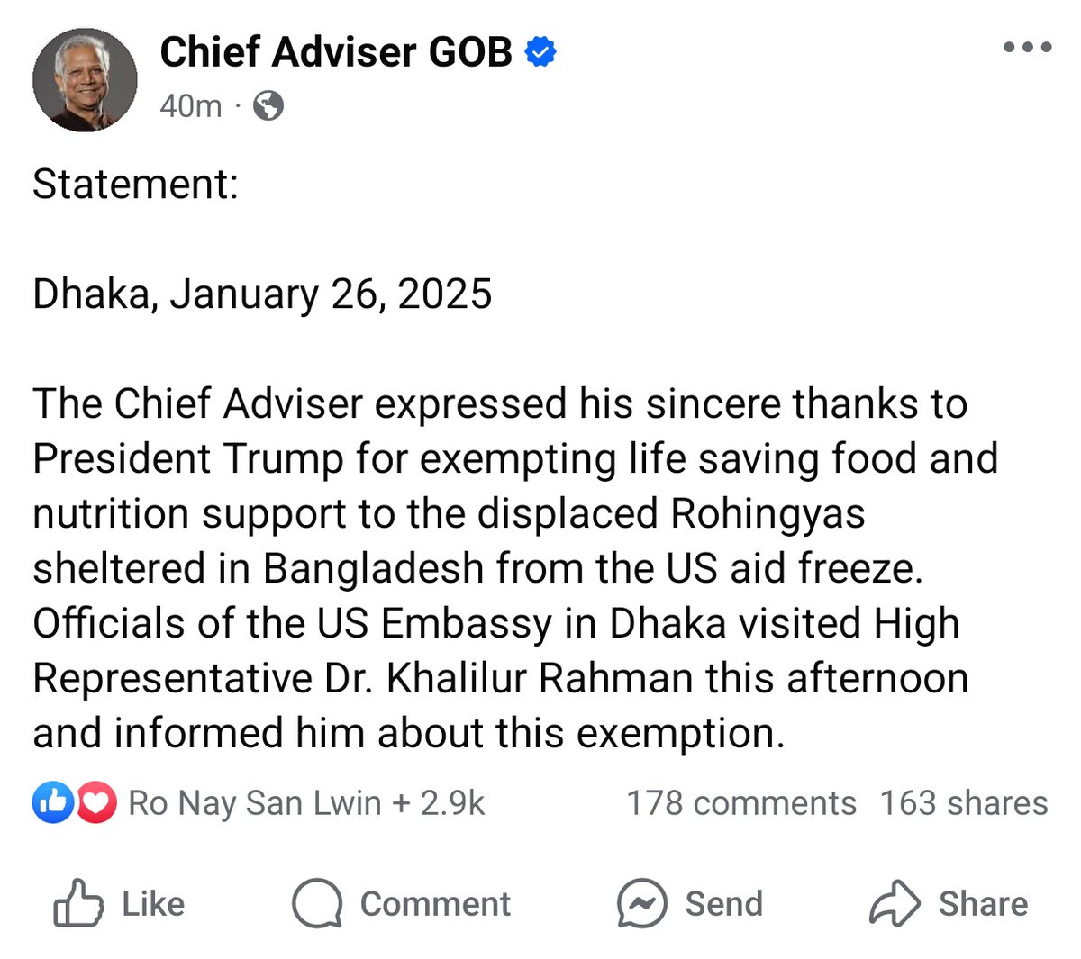 We extend our heartfelt gratitude for the exemption of life-saving food and nutrition support for Rohingya refugees in Bangladesh from the US aid freeze. This critical decision will provide much-needed relief. Special thanks to the <a href="/ChiefAdviserGoB/">Chief Adviser of the Government of Bangladesh</a>