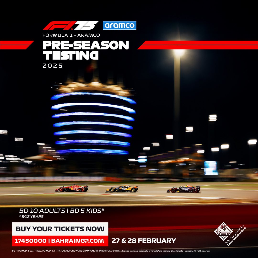 BAH_Int_Circuit's tweet photo. F1 Fans, the countdown is ON!!
Only 1 month to go until #F1 Pre-Season Testing in Bahrain!
Get your first look at the 2025 season for just BD 10/day at https://t.co/Umse2XKJpB from Feb 27-28.
Bonus: Bought your tickets before 7th Dec 2024? Entry is FREE! https://t.co/A1OZHXGogV