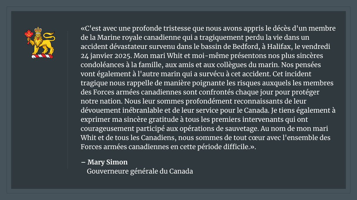 CanadaGG's tweet photo. Message de la #GGSimon et #CommandanteEnChef du Canada à la suite du décès d’un marin de la Marine royale canadienne. https://t.co/3zsXUMRiO9