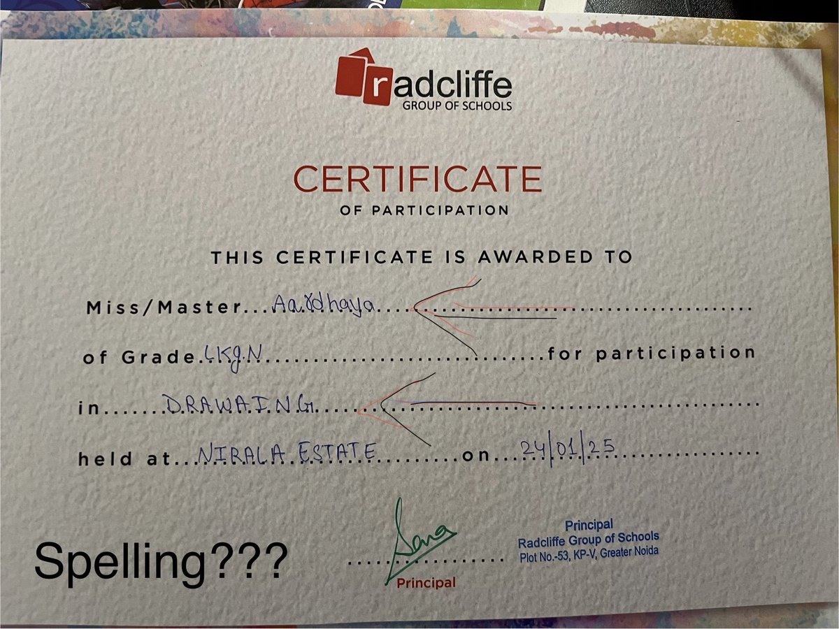 AJerish's tweet photo. @SchoolRadcliffe This is the standard!
Came to Nirala Estate, Greno(West) and conducted drawing competition!
Check spelling of Drawing 
My daughter name Aaradhya! https://t.co/BMW5Kq4r6m