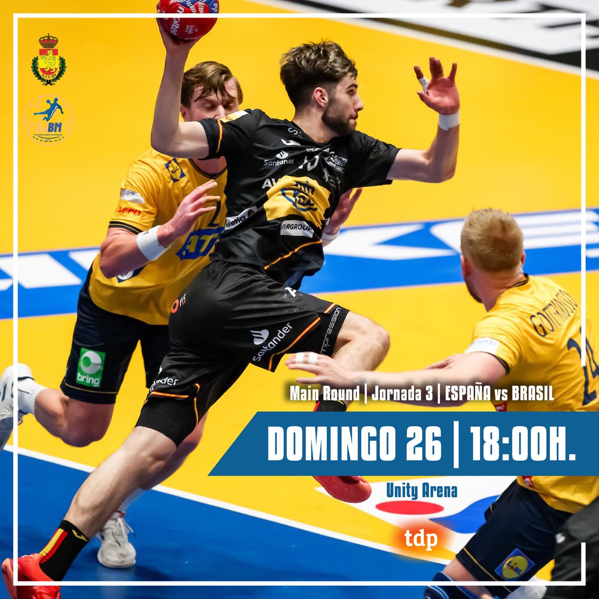 🤾‍♂️ Tercera jornada de la Main Round 🤾‍♂️

📅 Hoy
⏰ 18:00 h.
🆚 ESPAÑA 🇪🇸 vs BRASIL 🇧🇷
📺 Síguelo en <a href="/teledeporte/">Teledeporte</a>

Los #Hispanos se despiden de Oslo, pero esto solo es el comienzo de lo que está por venir. ¡A seguir luchando! 💪🏼🔥