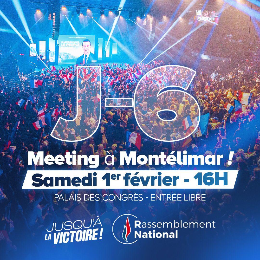 🔵 J-6 ! Samedi 1er février, nous vous attendons nombreux à Montélimar (26) !

🇫🇷 Rendez-vous au Palais des Congrès Charles Aznavour à 16h pour notre meeting avec Jordan Bardella !

📖 Le président du RN dédicacera son livre « Ce que je cherche » à la fin du meeting.

🎟️