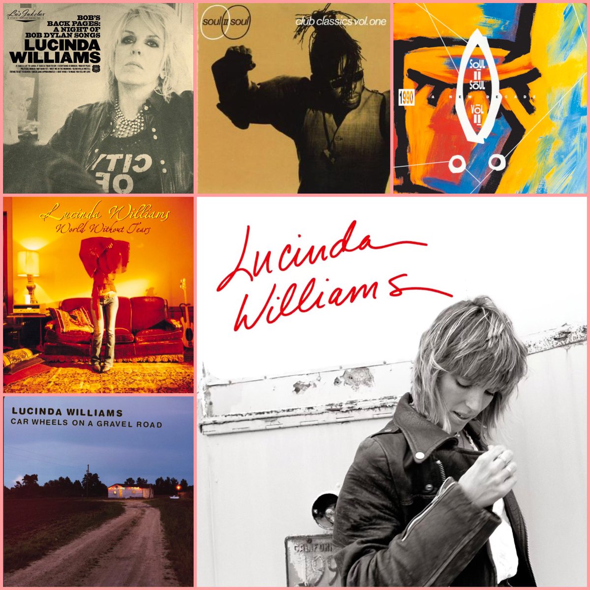 jsmallseattle's tweet image. SUNDAY SPINS
Happy birthday to Lucinda Williams and Jazzie B.
Lucinda Williams: S/T
Lucinda Williams: Car Wheels on a Gravel Road
Lucinda Williams: World Without Tears
Lucinda Williams: Bob's Back Pages
Soul II Soul: Keep On Movin'
Soul II Soul: Vol II--1990: A New Decade