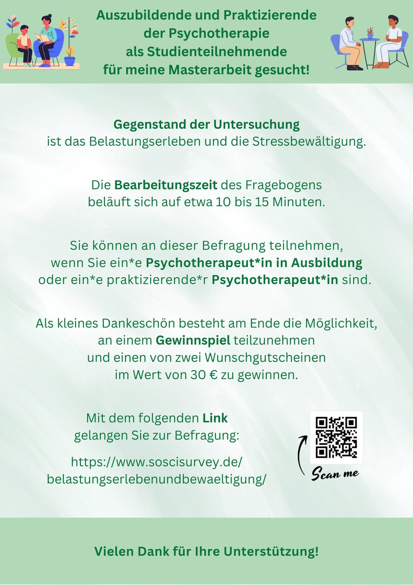 Zoe_Asuna's tweet photo. https://t.co/ALeWT2bSDt

Für meine #Masterarbeit suche ich aktuell vor allem #Psychotherapeut*innen als Studienteilnehmende.

Darf gerne weitergeleitet werden! 😌

Vielen Dank für Eure Unterstützung! 🫶🏽 https://t.co/IpB0CJ9EIi