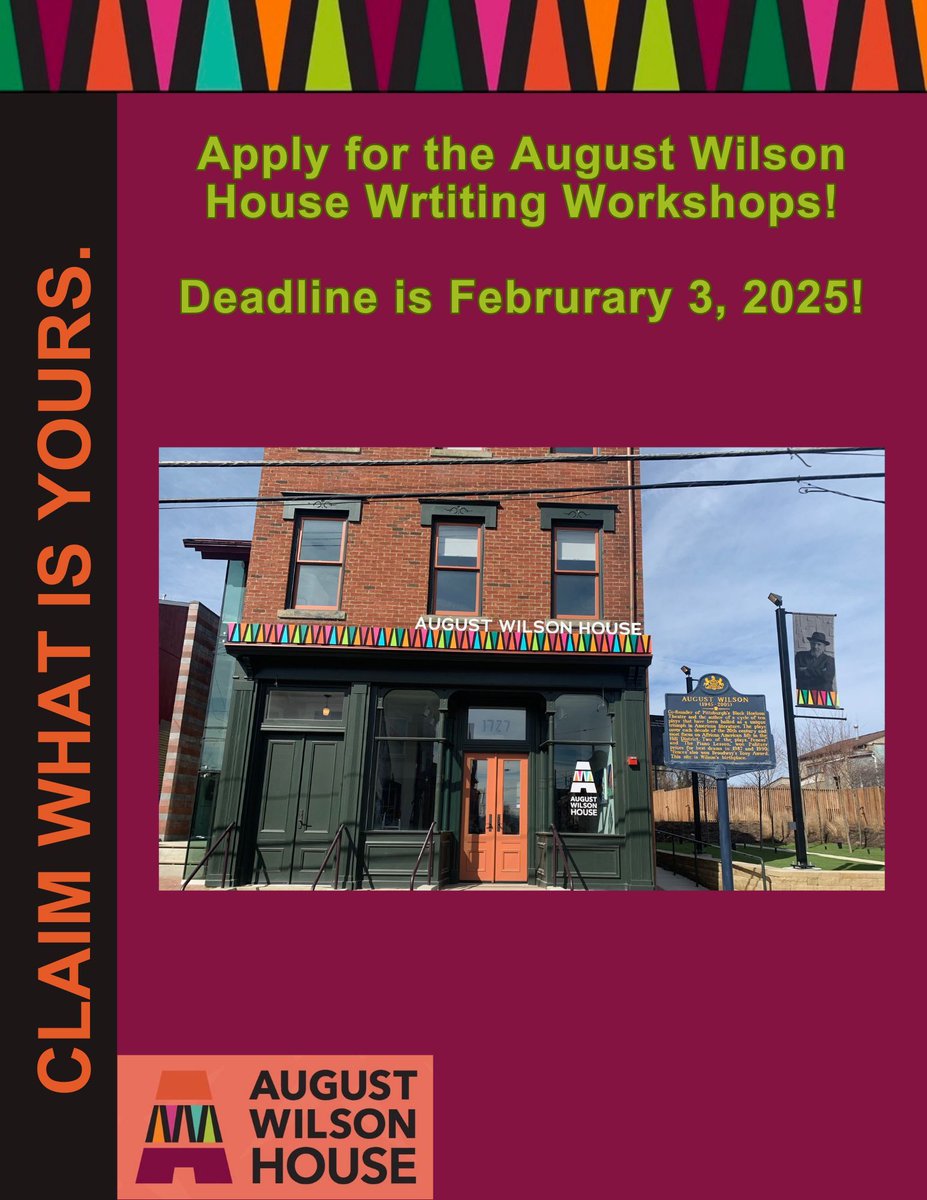 Hey Writers!

Applications are open for the 2025 Writing Workshops at August Wilson House! Refine your craft, get mentorship, and join a supportive community.

Deadline: February 3, 2025
Apply now: buff.ly/4jzIFeu

#WritingWorkshops #AugustWilsonHouse #Playwriting