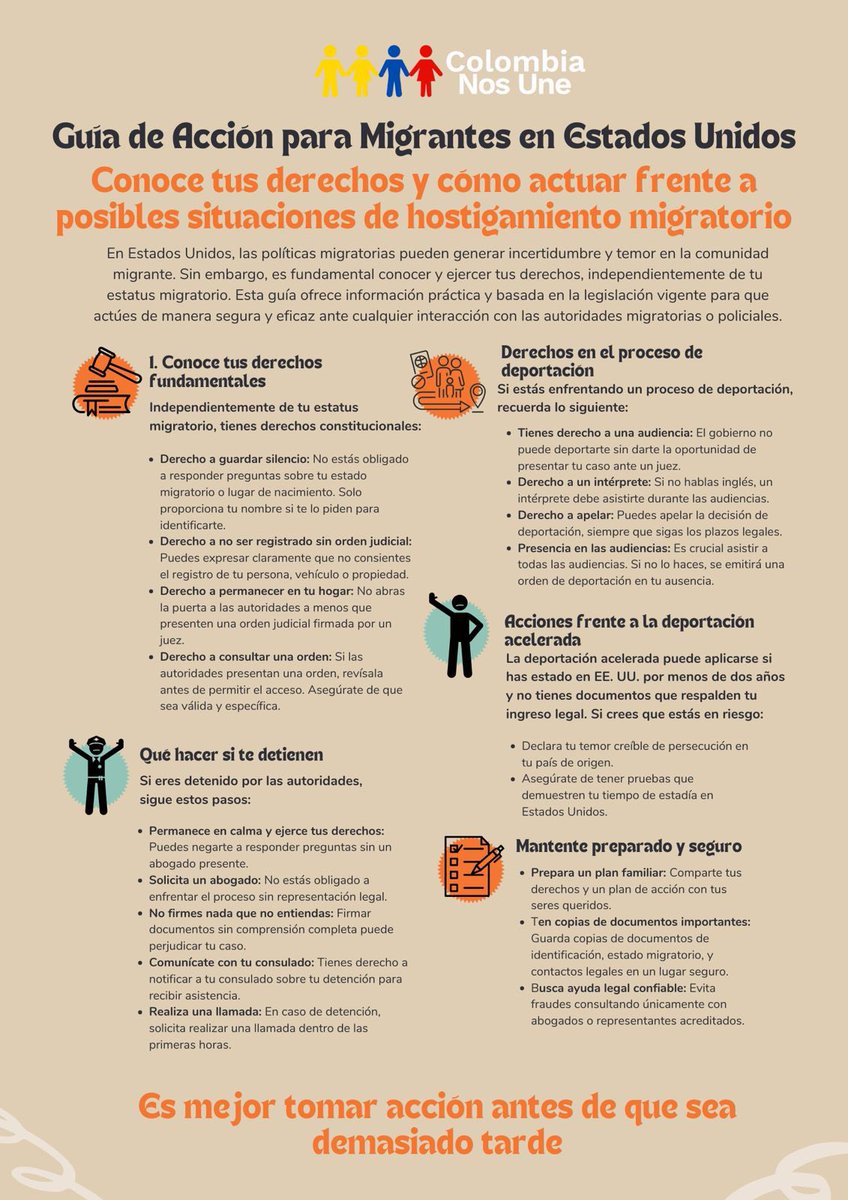 ColombiaNosUne's tweet photo. 🔍Conoce tus derechos y actúa con seguridad 💪📄 Si eres migrante en EE. UU., esta guía te ayuda a protegerte ante situaciones migratorias. ¡Infórmate y prepárate! 📘#MigraciónSegura #DerechosDeLosMigrantes #ColombiaNosUne https://t.co/aX51jfNoB1