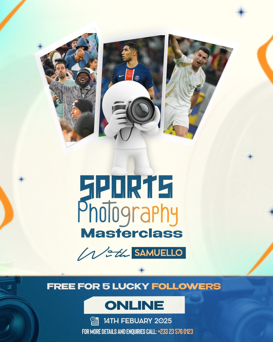 I’m giving away 5 spots in a free, online masterclass. 

Get to learn all you need to know to start your dream career in sports photography. 

Stand the chance to receive priceless knowledge that will live with you forever. 

Tag two friends, follow @sportsimagesgh &amp; RT  to enter