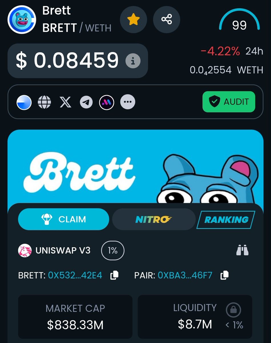 BREAKING: $TOSHI BECOMES THE #1 MEME COIN ON @BASE 🔥

@TOSHI_BASE DETHRONED $BRETT MEME COIN FINALLY 💥

$TOSHI $845M, $BRERT $838M 🤯