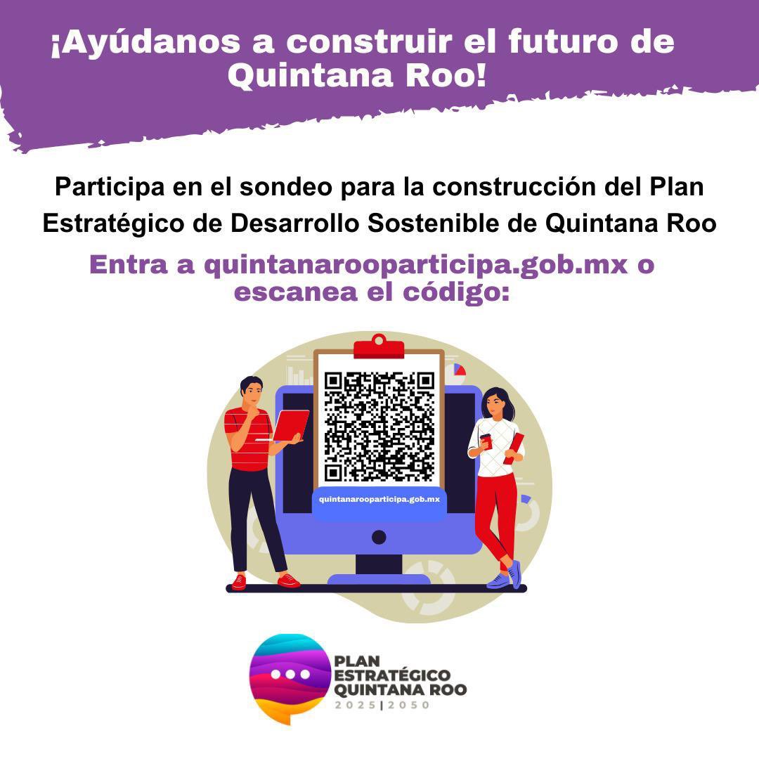 ¡Construyamos juntos el Plan Estratégico para el Desarrollo Sostenible de #QuintanaRoo! ✨ Por primera vez en nuestra historia, estamos diseñando una estrategia que integre las ideas y propuestas de todas y todos.

Ingresa a quintanarooparticipa.gob.mx, comparte tu visión, participa