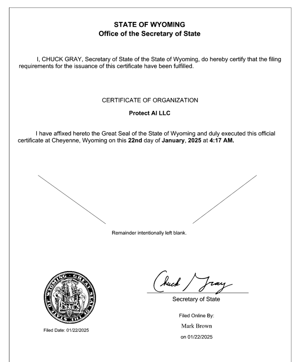 protectaierc's tweet photo. Protect AI is officially registered as a LLC in Wyoming! 

We're set to revolutionize AI security and collaborate with industry leaders in Web3, providing innovative solutions for exchanges, enterprises, and beyond. 

Stay tuned for what's next! https://t.co/i9HAvn5nwV