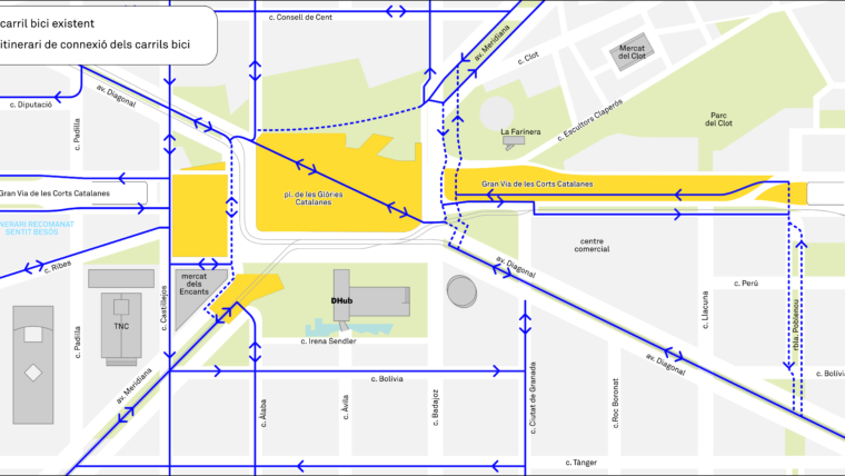 BCN_Mobilitat's tweet photo. 🚧 Nova fase de les obres de reurbanització de la cobertura de la Gran Via.

Queda habilitat només un carril de circulació en sentit Besòs, i un altre en sentit Llobregat, que incorpora la circulació de bicicletes. https://t.co/hn1LMYPrek