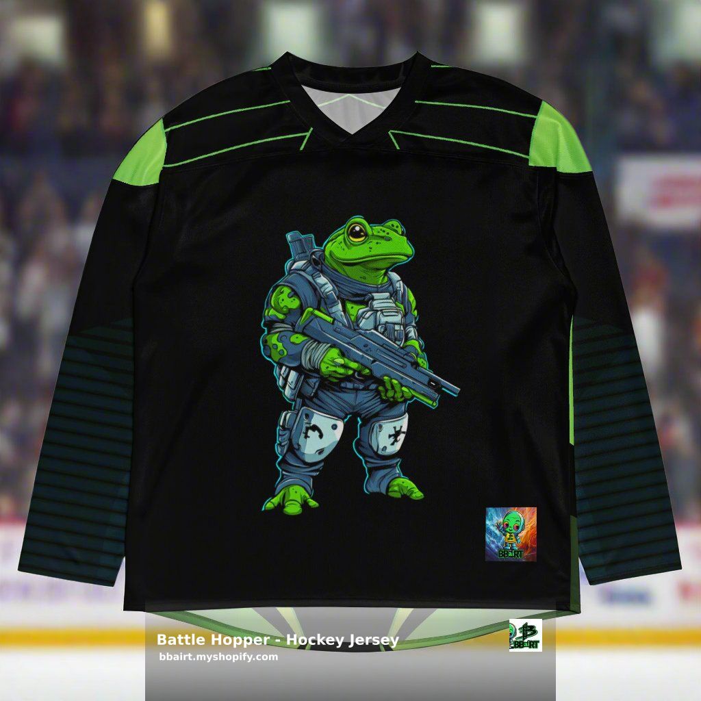 thebbairt's tweet photo. Gear up for intergalactic ice battles with the Battle Hopper Hockey Jersey! 🏒 Unleash your inner amphibious warrior with premium comfort and flexibility. Stand strong with Frog Forces! Available now: https://t.co/2P0ldi98Jn #AmphibianCommand #SciFi #HockeyJersey #FantasyMerch https://t.co/B0So9ONY70