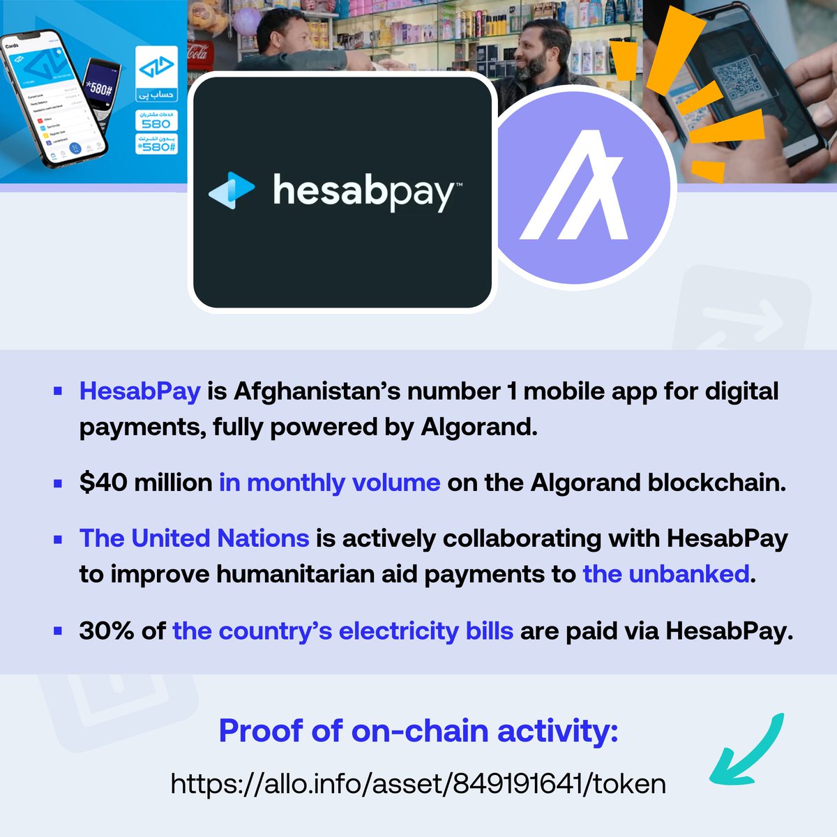 <a href="/AlgoFoundation/">Algorand Foundation</a> <a href="/AlgoFamily/">MJ.algo</a> <a href="/AlgorandReport/">The Ⱥlgorand Report ~ 🐍</a> <a href="/Mr_Algosla/">mralgosla.algo 🐍</a> <a href="/marcvl/">marcvl.algo🇺🇦</a> <a href="/StaciW_DC/">staci.algo</a> <a href="/JohnAlanWoods/">John Woods</a> <a href="/Ajwritescrypto/">Aj</a> <a href="/FIFAcom/">FIFA</a> <a href="/FIFACollect/">FIFA Collect</a> <a href="/FIFAWorldCup/">FIFA World Cup</a> <a href="/FIFACollectInfo/">fifacollect.info</a> <a href="/travelx__/">TravelX</a> <a href="/JuanPLafosse/">Juan Pablo Lafosse</a> <a href="/EnelGroup/">Enel Group</a> <a href="/conio/">Conio</a> This Algorand-powered project is conquering the Middle East!

<a href="/HesabPay_/">HesabPay</a> is Afghanistan's #1 payment app (30% of all the country's electricity bills paid on $ALGO) and expanding to more countries.

A revolution for the unbanked, now accessing services they were previously denied.