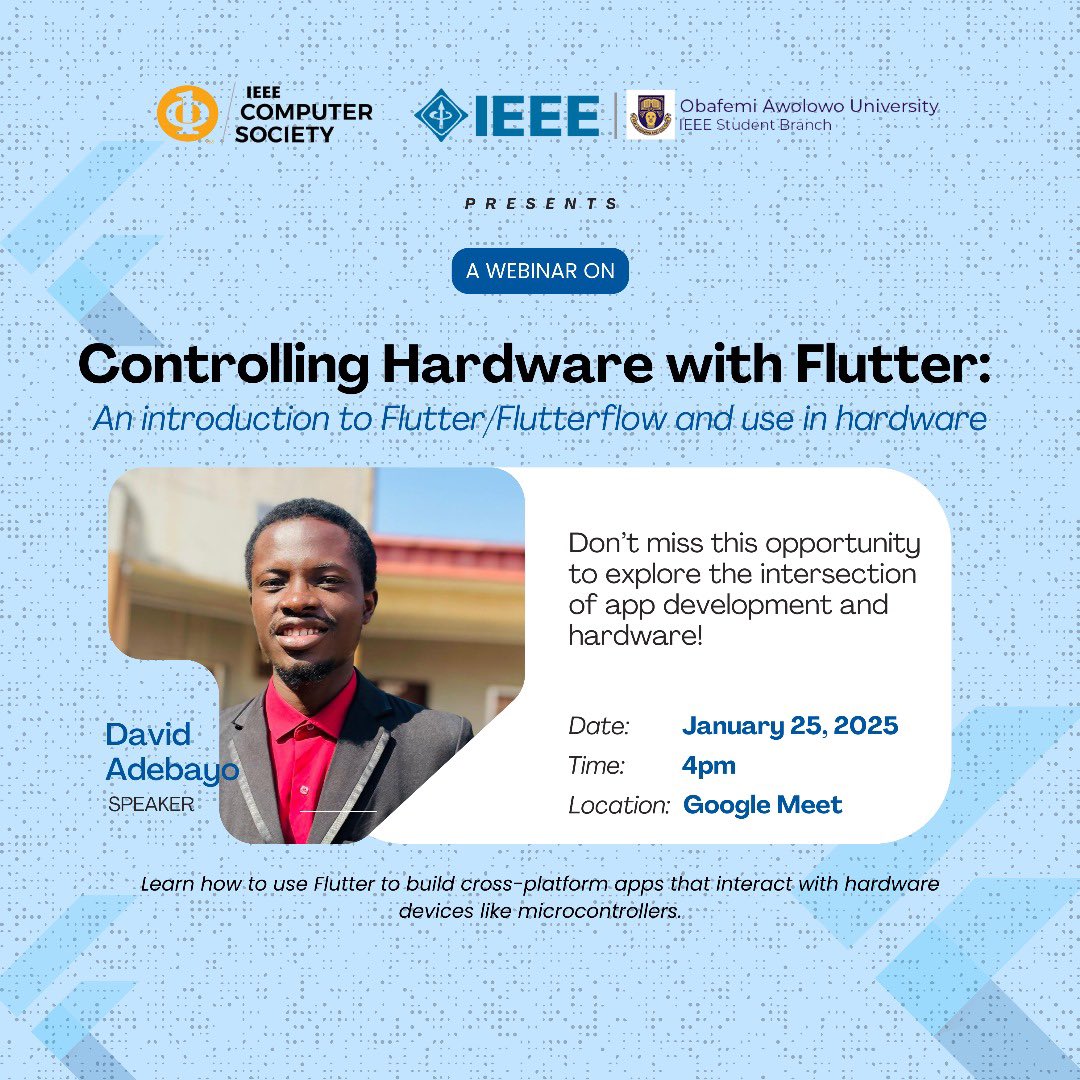 dev_david567's tweet image. IEEE Student branch Obafemi Awolowo university Nigeria called me to speak on controlling hardware(microcontrollers) with flutterflow and flutter 💜🩵
#flutterflow #flutter #tech 
And I delivered ✅✅✅