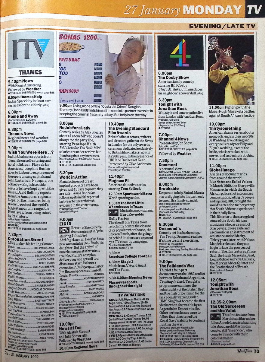 TvDidYouSee's tweet photo. #OnThisDay 27 January 1992 📺TV Listings
ARENA celebrates 50 years of #DesertIslandDiscs.
With an election approaching, WOGAN swaps celebrities for politicians.
#JohnBird & #AmandaRedman return in the comedy-drama set in Spain EL C I D.
More from DESMOND'S and NO JOB FOR A LADY. https://t.co/UPg0nD2l2z