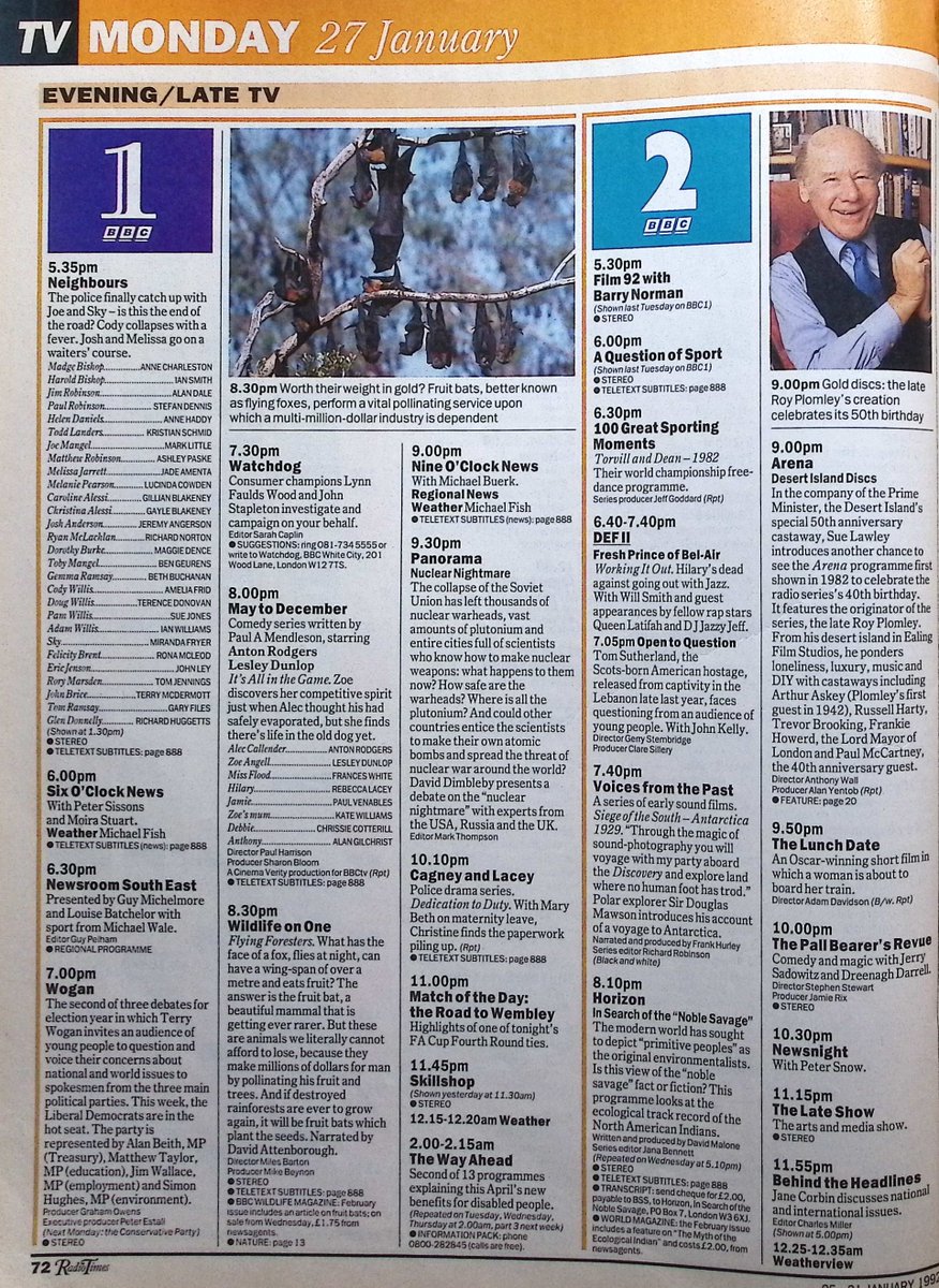 TvDidYouSee's tweet photo. #OnThisDay 27 January 1992 📺TV Listings
ARENA celebrates 50 years of #DesertIslandDiscs.
With an election approaching, WOGAN swaps celebrities for politicians.
#JohnBird & #AmandaRedman return in the comedy-drama set in Spain EL C I D.
More from DESMOND'S and NO JOB FOR A LADY. https://t.co/UPg0nD2l2z