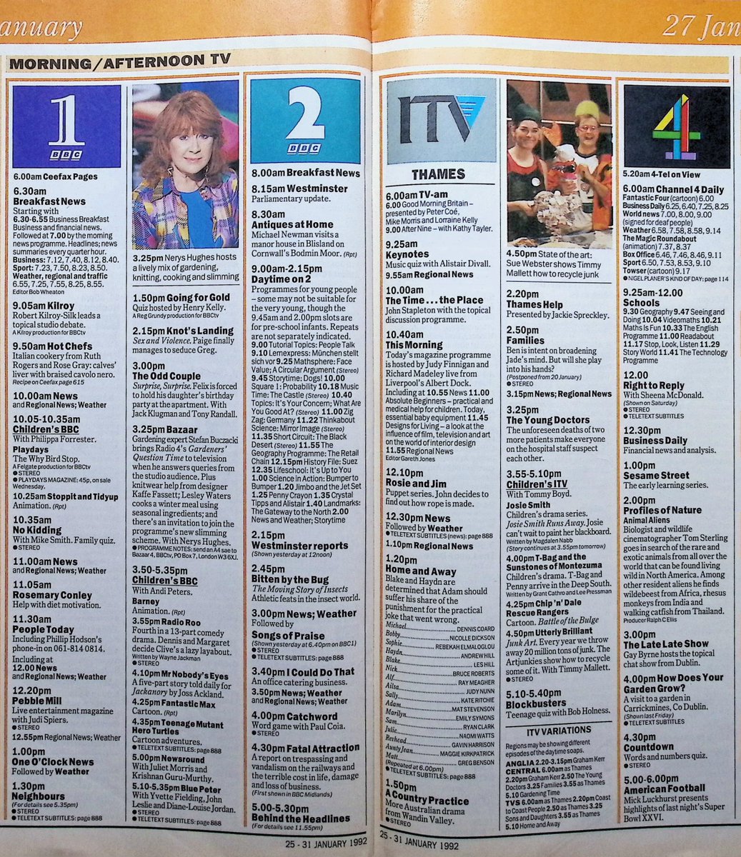 TvDidYouSee's tweet photo. #OnThisDay 27 January 1992 📺TV Listings
ARENA celebrates 50 years of #DesertIslandDiscs.
With an election approaching, WOGAN swaps celebrities for politicians.
#JohnBird & #AmandaRedman return in the comedy-drama set in Spain EL C I D.
More from DESMOND'S and NO JOB FOR A LADY. https://t.co/UPg0nD2l2z